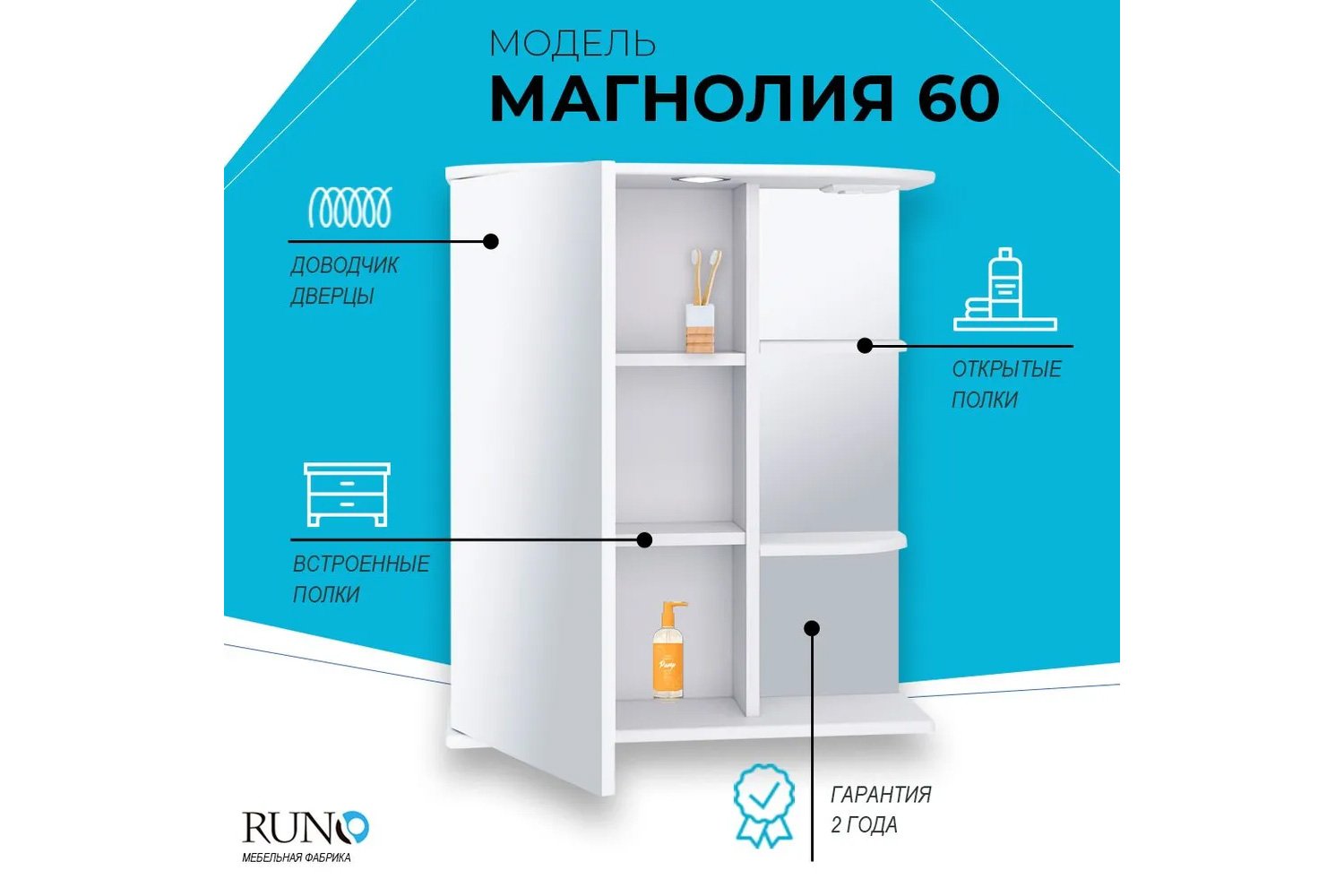 Шкаф-зеркало RUNO Магнолия белый Подвесной, 60х75х24 см, Левый
