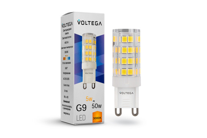 Изображение товара Лампа светодиодная VOLTEGA Simple G9, 5W, Капсула, 3000 К, Тёплый