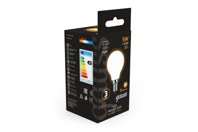 Лампа светодиодная Gauss Filament E14, 5W, Шар, Тёплый