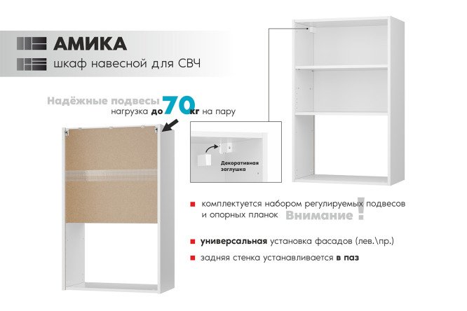 Каркас шкафа навесного Амика для СВЧ, белый 59.9х96х33.7 см