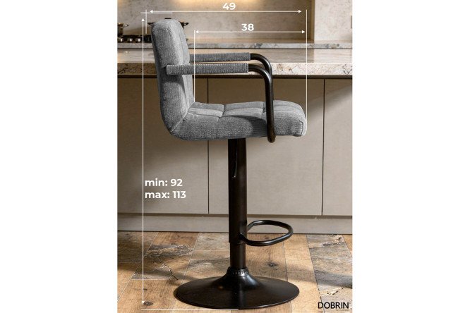 Барный стул DOBRIN Kruger Arm Black с подлокотниками 51х92х49 см, цвет обивки серый, ножек чёрный