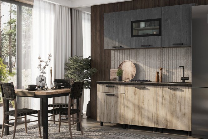 Кухонный гарнитур Эдинбург 180х216х60 см, цвет каркаса дуб крафт серый, фасада железный камень, дуб крафт серый