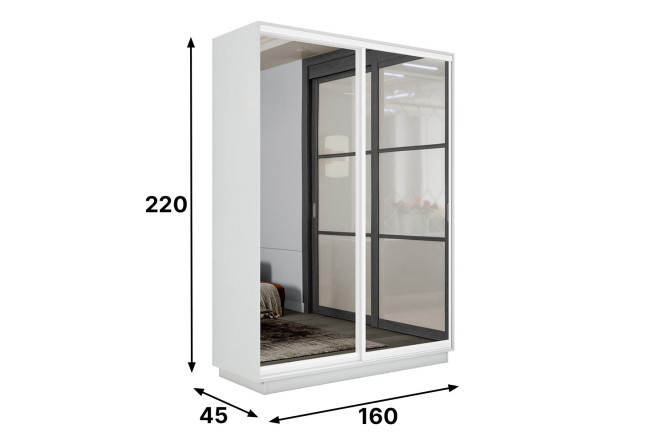 Шкаф-купе 2-дверный Slide-2 v.2 160х220х45 см, белый снег/белый профиль, с двумя зеркалами