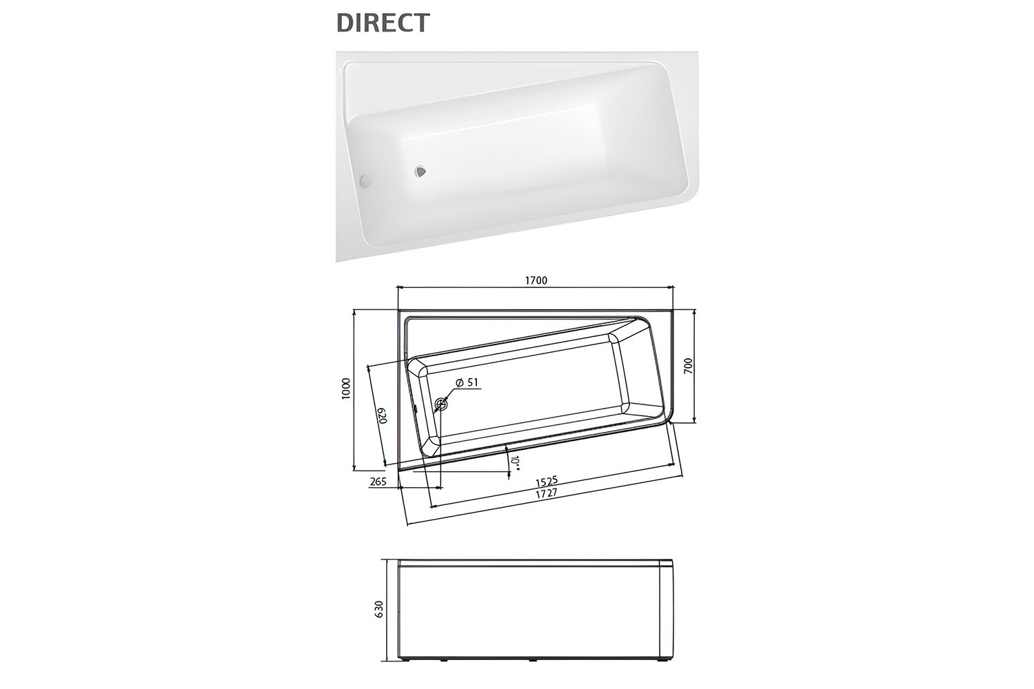Ванна пристенная Marka One Директ (Direct) L, левый, белый 170x100 см