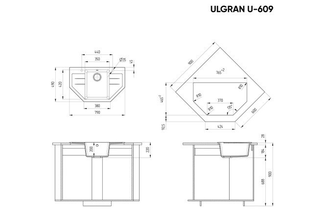 Мойка врезная с крылом ULGRAN u-609 331 79х49х20 см