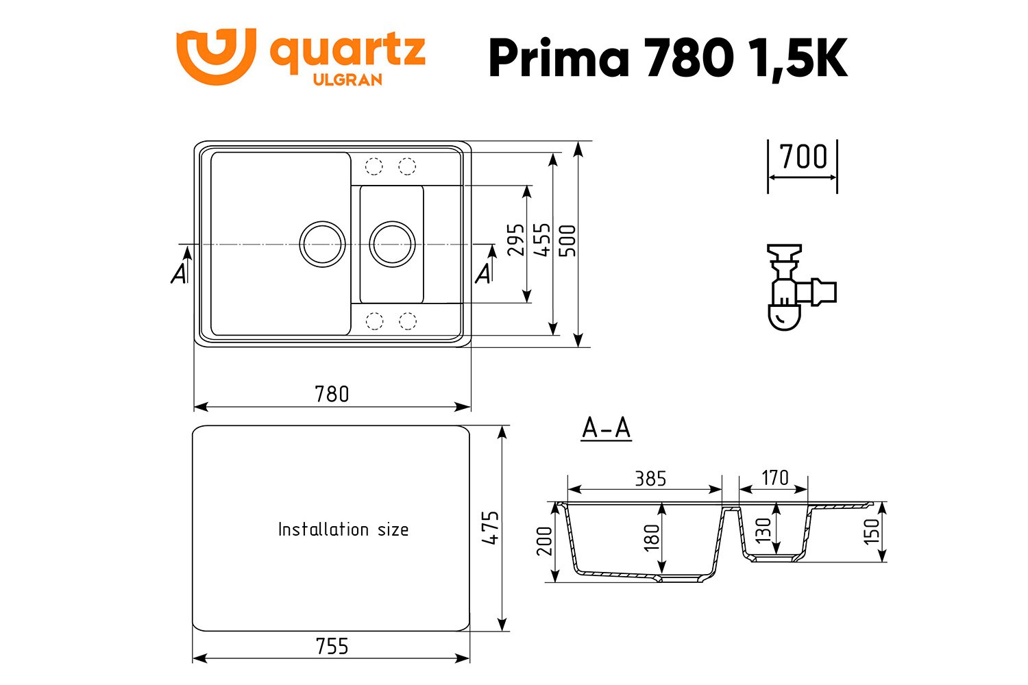 Мойка ULGRAN Quartz Prima 780 с крылом 50х78х20 см