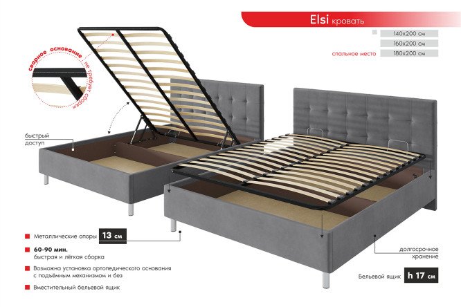 Кровать Elsi цвет серый 160х200 см