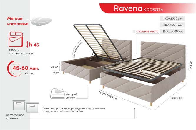 Кровать с подъёмным механизмом Ravena цвет бежевый 160х200 см