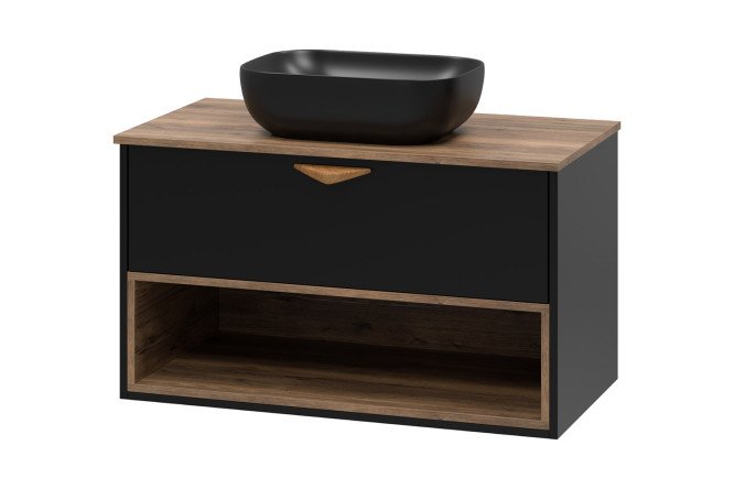 Изображение товара Тумба подвесная Bergen 90 90 см, цвет каркаса дуб галифакс олово, чёрный, фасада чёрный