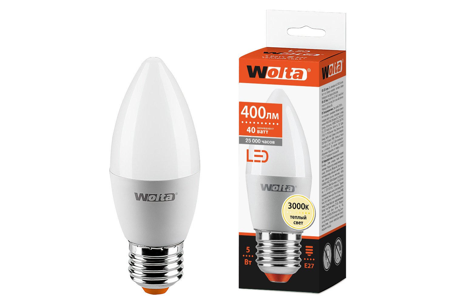 Лампа светодиодная Wolta 25YC5E27 E27, 5W, Свеча, 3000 К, Тёплый