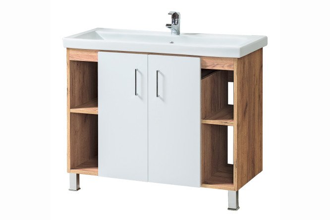 Изображение товара Тумба напольная АКВАЛЬ Лофт 97 см, цвет каркаса дуб крафт золотой, фасада белый