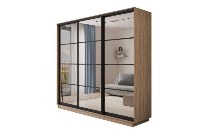 Изображение товара Шкаф-купе 3-дверный Slide-2 v.2 180х240х60 см, дуб крафт табачный/чёрный профиль , с тремя зеркалами, с разделителями