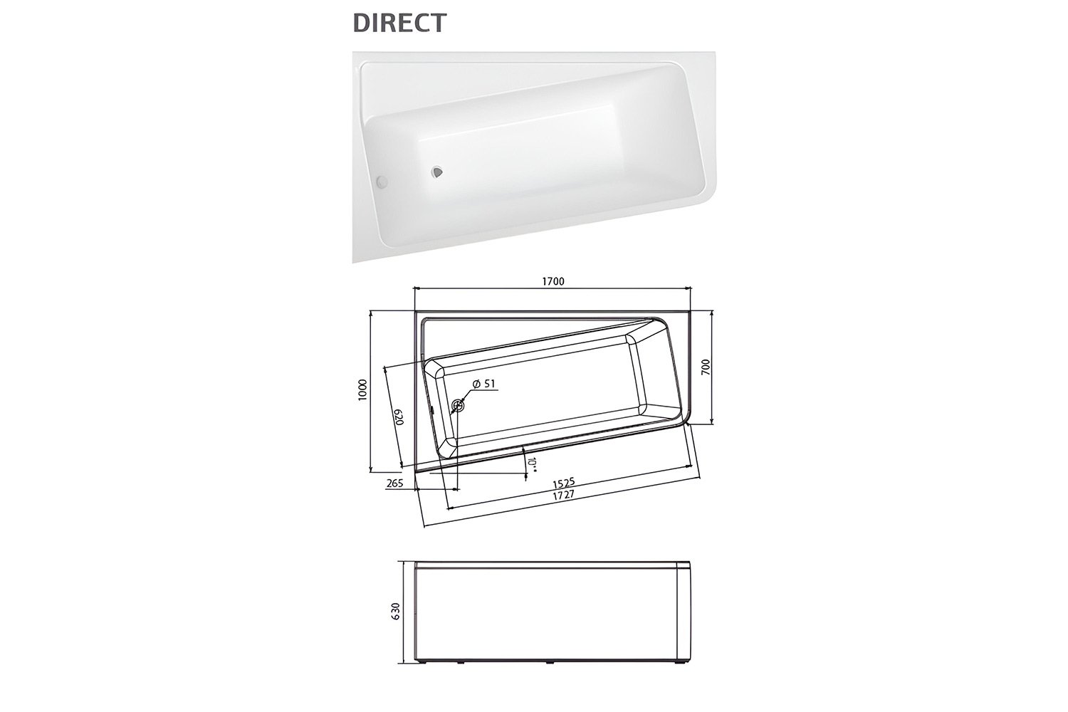 Ванна пристенная Marka One Директ (Direct) R, правый, белый 170x100 см