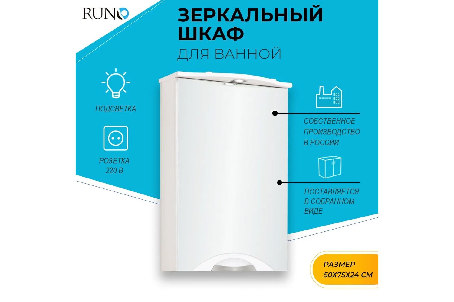 Шкаф-зеркало RUNO Ибица белый Подвесной, 50х75х24 см, Правый
