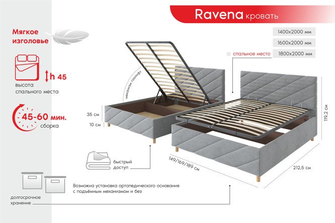 Кровать с подъёмным механизмом Ravena цвет серый 160х200 см
