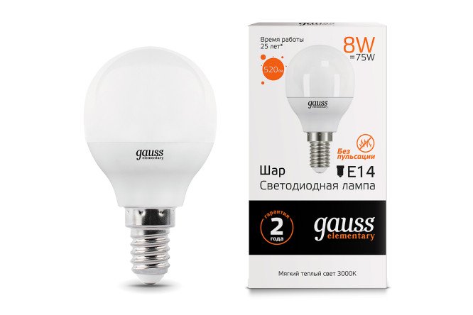 Лампа светодиодная Gauss Elementary E14, 8W, Шар, 3000 К, Тёплый