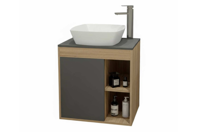 Изображение товара Тумба подвесная TEYMI Nura с раковиной 60 см цвет дуб эврика и графит матовый