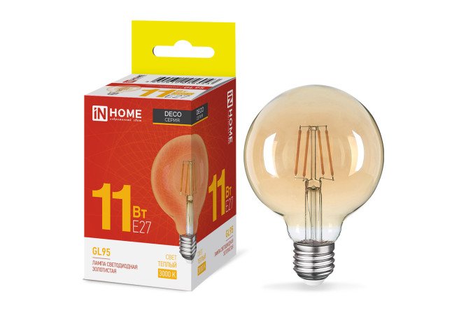 Изображение товара Лампа светодиодная IN HOME Vision care LED-GL95-deco gold E27, 11W, Шар, 3000 К, Тёплый