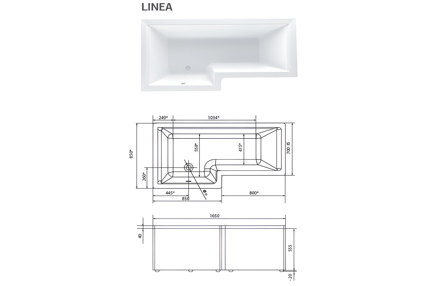 Ванна Marka One Линеа (Linea) L, белый 165x85 см