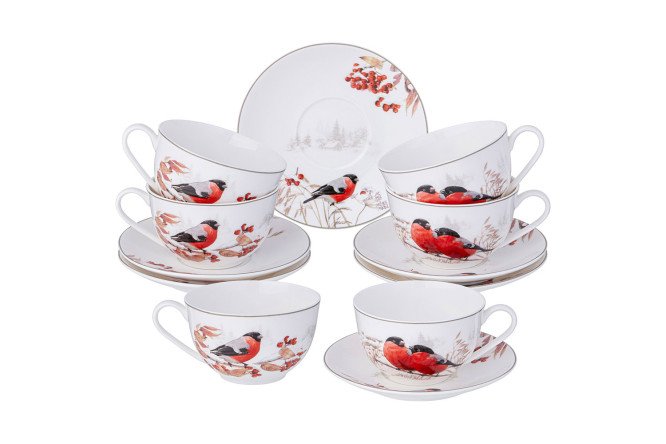 Изображение товара Набор чайных пар Lefard Лесная сказка Снегири 6 персон 12 предметов фарфор