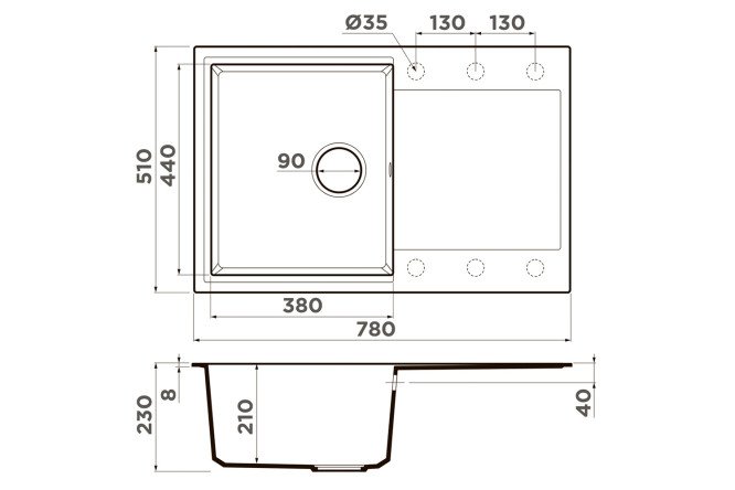Мойка врезная с крылом OMOIKIRI Daisen 78T-BE 4993521 78х51х23 см