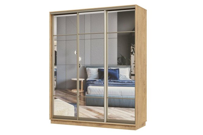 Изображение товара Трехдверный шкаф-купе Практик 180x240x60 см с зеркалами и шампань профилем
