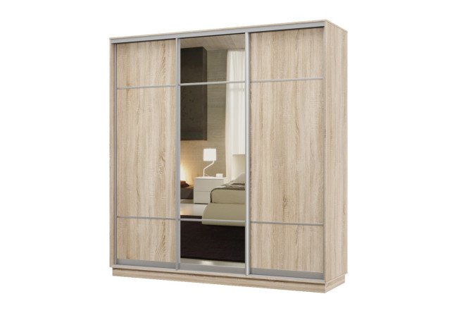 Изображение товара Шкаф-купе 3-дверный Практик 22 180x220x60 см, дуб сонома, профиль серебро, с одним зеркалом