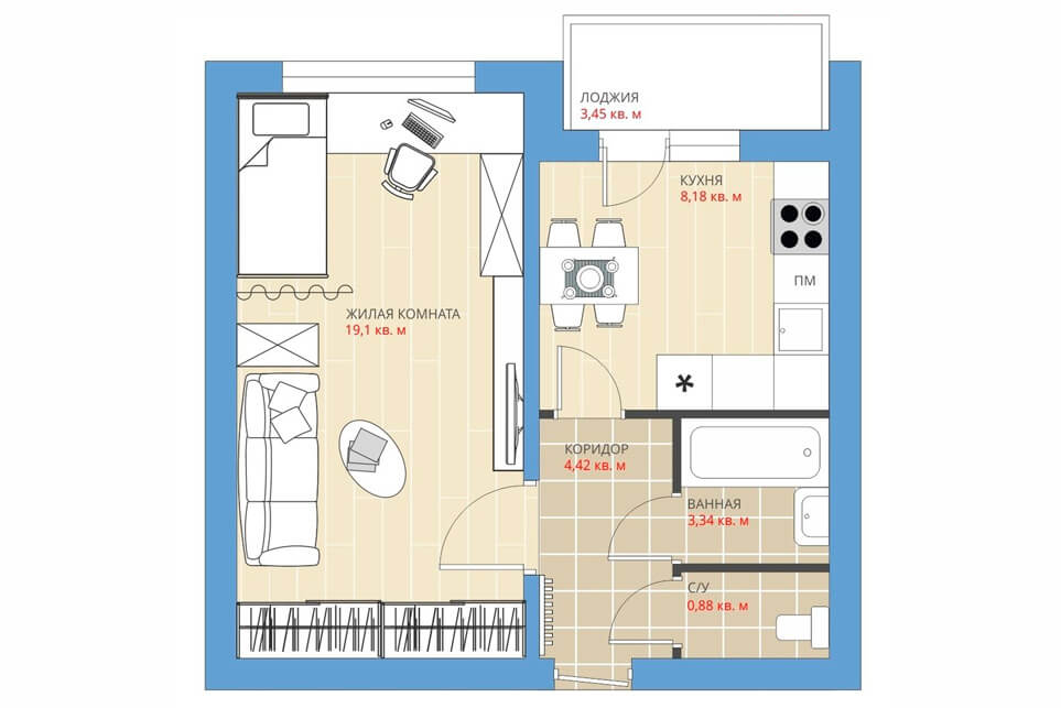 Квартира-студия 34 м² в Сочи