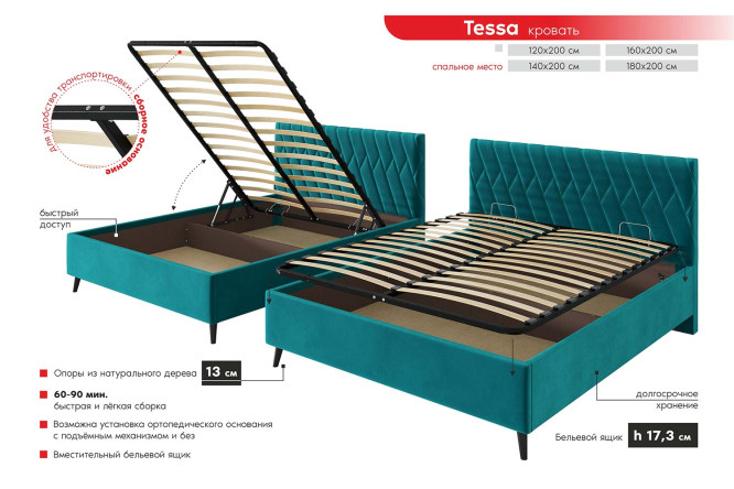 Кровать с подъёмным механизмом Tessa цвет морской 180х200 см