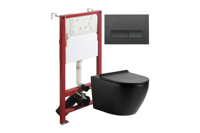 Изображение товара Подвесной унитаз с инсталляцией AGGER ATI03144+APB244 Черное сиденье