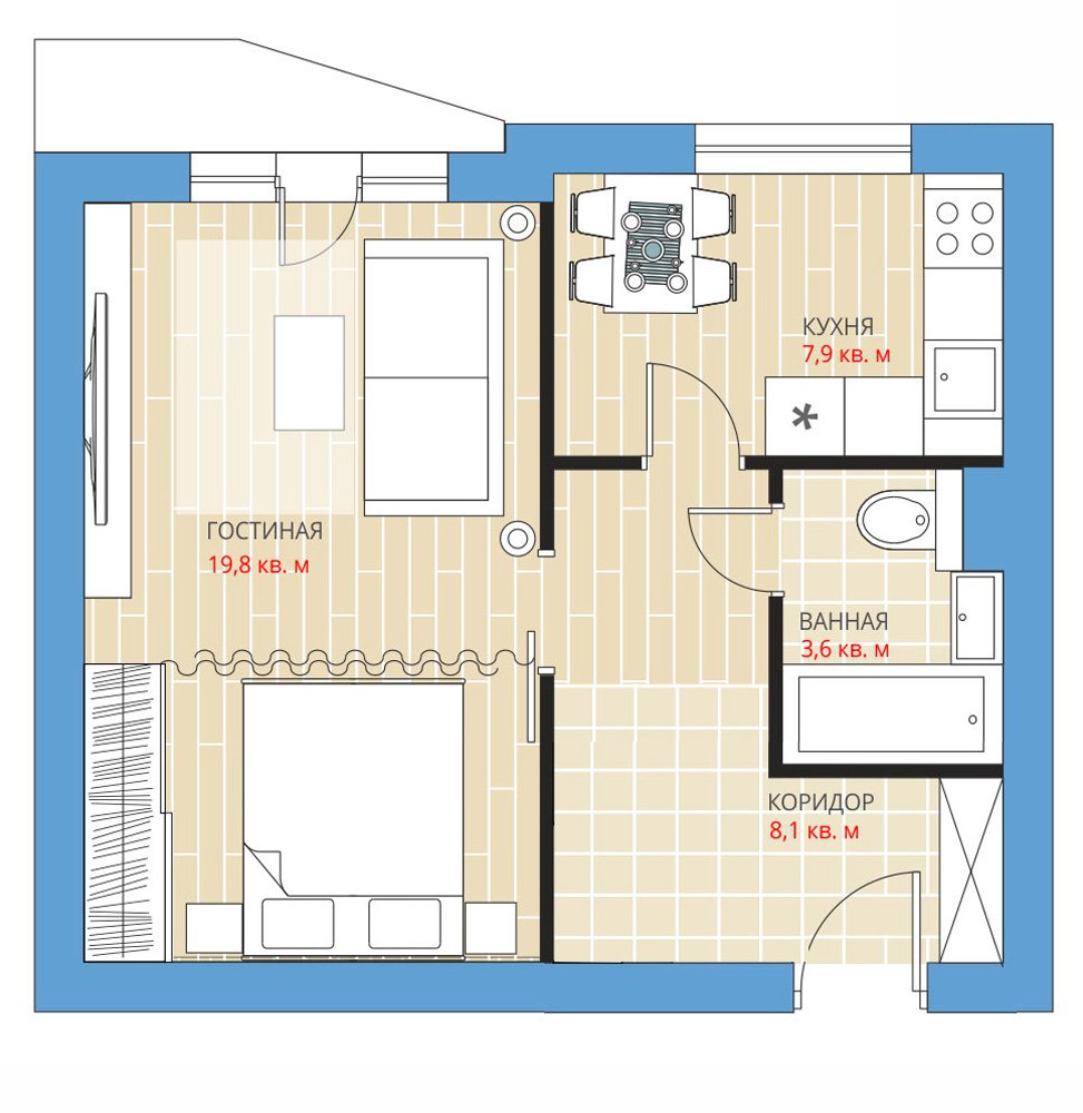 Дизайн интерьера 3-комнатной квартиры в доме серии П-44