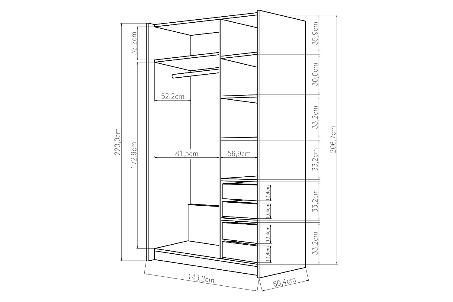 схема шкафа купе с размерами на 4 двери