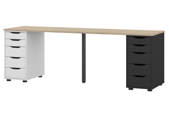 Изображение товара Письменный стол Alexys 200 см с квадратной опорой и тумбами, белый дуб черный