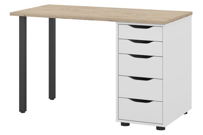 Изображение товара Письменный стол Alexys 120 см с квадратными опорами и тумбой дуб ирландский/белый/черный