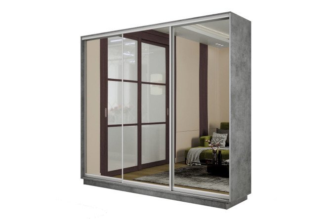 Изображение товара Трехдверный шкаф-купе Slide-2 v.2 210x240x45 см бетон/серебро с зеркалами