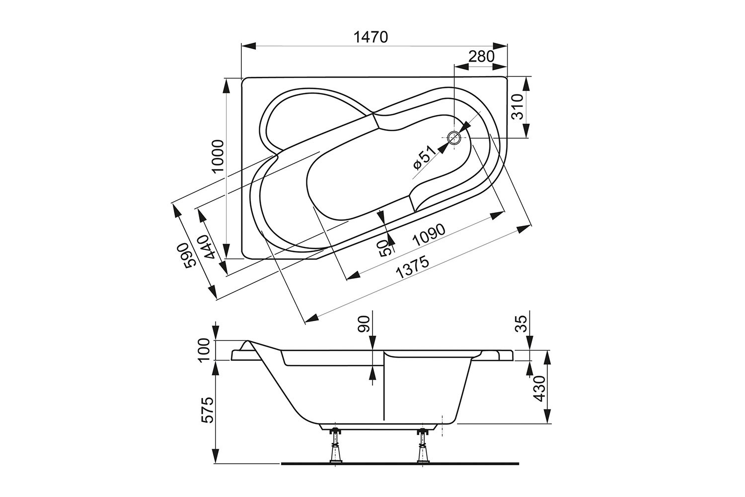 Ванна пристенная VAGNERPLAST Selena VPBA141SEL3PE-04 Right 147x100 см