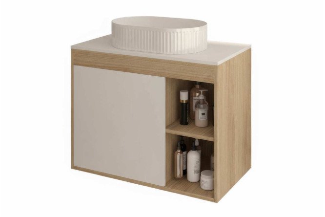 Изображение товара Тумба подвесная TEYMI Nura с раковиной 80 см, цвет каркаса дуб эврика, фасада белый матовый