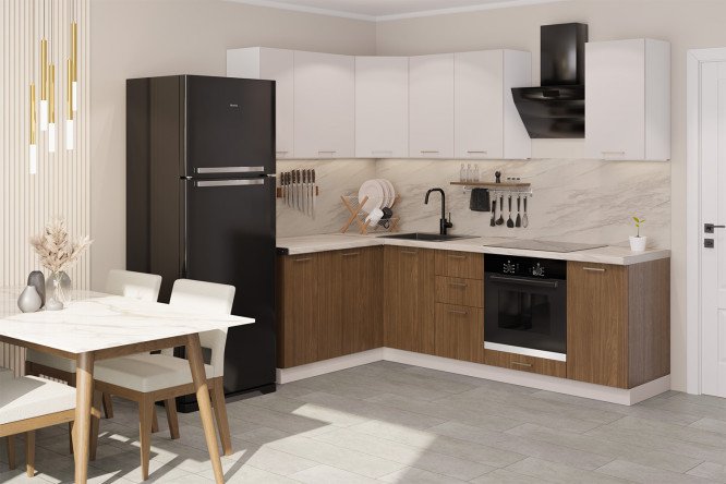 Изображение товара Модульный кухонный гарнитур Амика латте матовый/Орех Линкольн 241х243х151 см