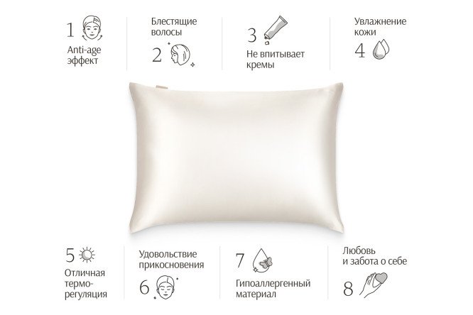Фото 3 Наволочка AYRIS SILK 5064 из натурального шёлка, цвет жемчужный 50х70 см, Шелк, 1 шт.