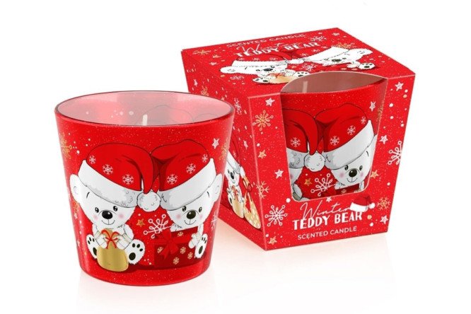 Изображение товара Декоративная свеча в стакане Зимний плюшевый мишка аромат фруктов и цветов