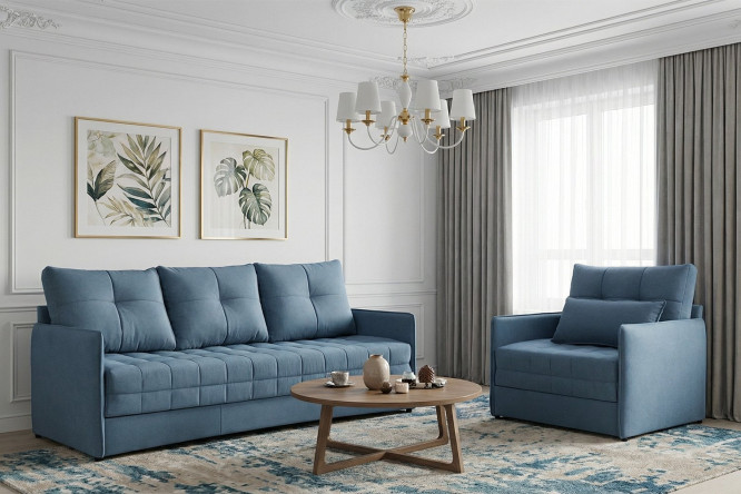 Изображение товара Комплект диван и кресло-кровать Панда синего цвета - комфорт и стиль