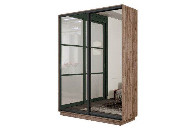 Изображение товара Шкаф-купе 2-дверный Slide-2 120/1 v.2, 120х220х60 см, дуб крафт табачный/чёрный профиль,  с двумя зеркалами