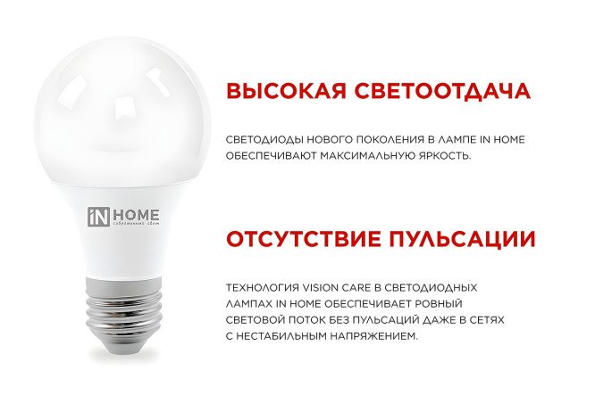 Лампа светодиодная IN HOME LED-A60-VC E27, 25W, Груша, 4000 К, Естественный