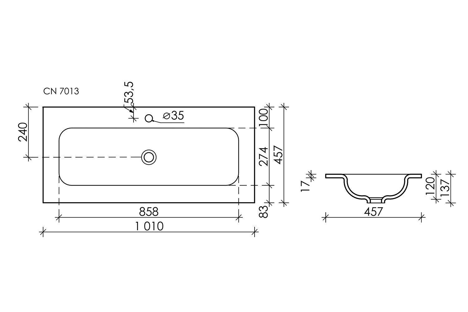 Умывальник накладной CERAMICANOVA Element CN7013 101х13.7х45.7 см