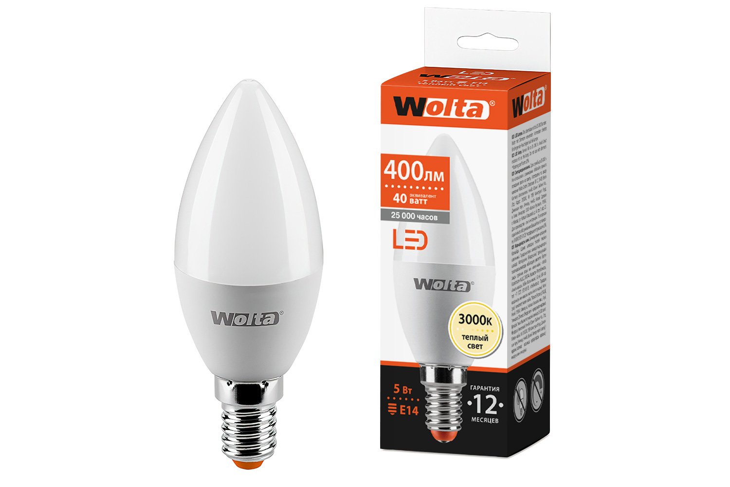 Лампа светодиодная Wolta 25YC5E14 E14, 5W, Свеча, 3000 К, Тёплый