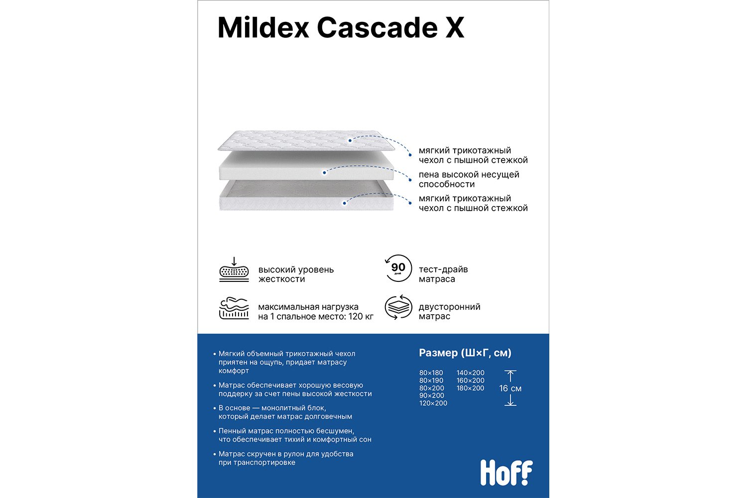 Матрас с чехлом MILDEX Cascade х 80х190 см
