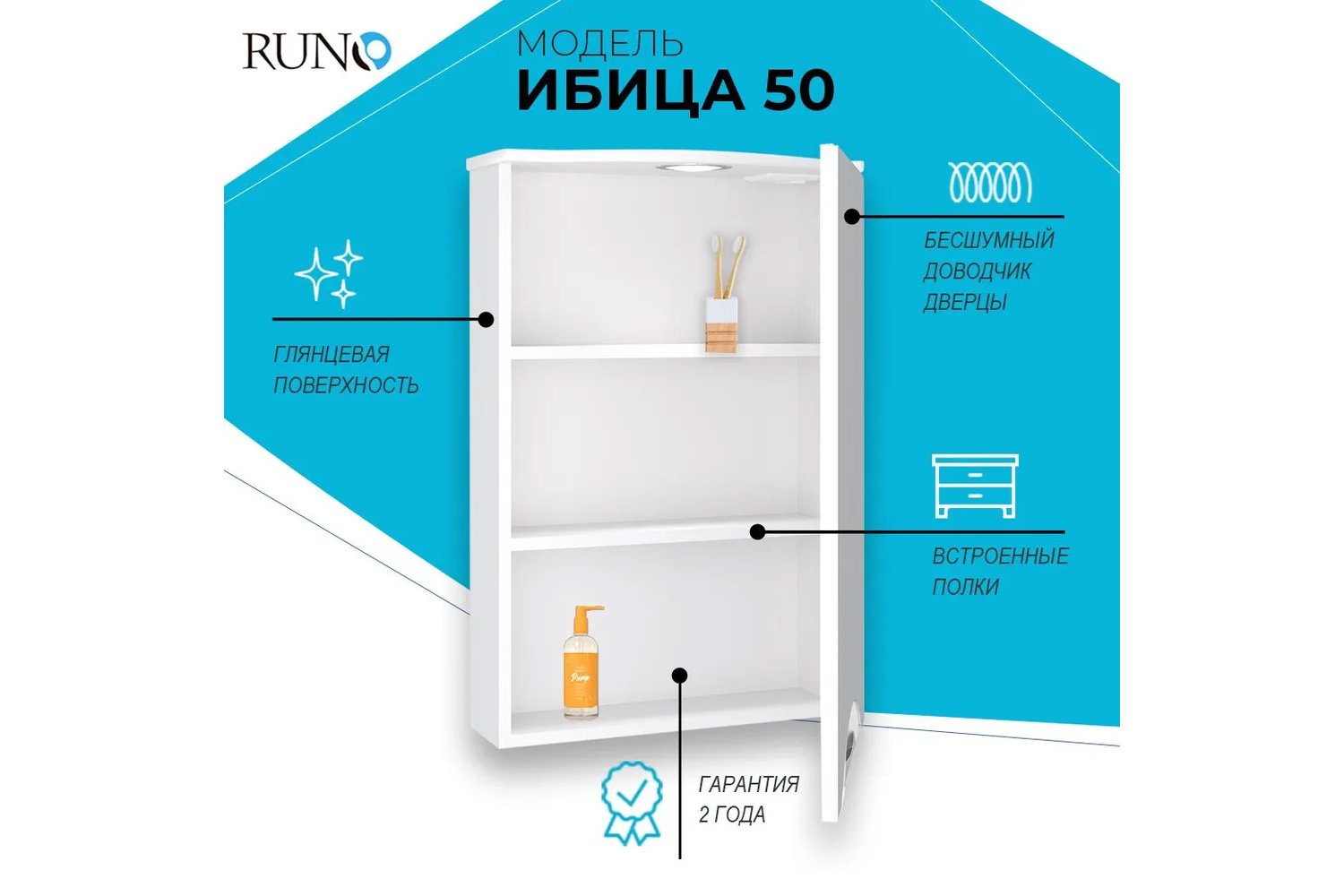 Шкаф-зеркало RUNO Ибица белый Подвесной, 50х75х24 см, Правый