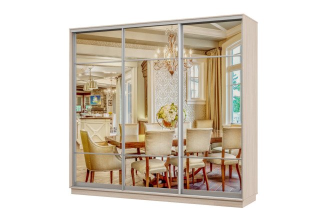 Изображение товара Шкаф-купе 3-дверный Практик 34 210x220x60 см, ясень шимо светлый, профиль серебро, с тремя зеркалами