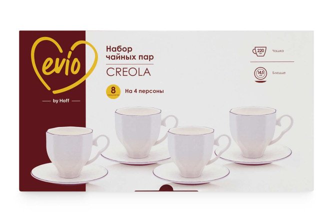 Фото 7 Набор чайных пар EVIO Creola на 4 персоны 4 перс., 8 предм., Костяной фарфор