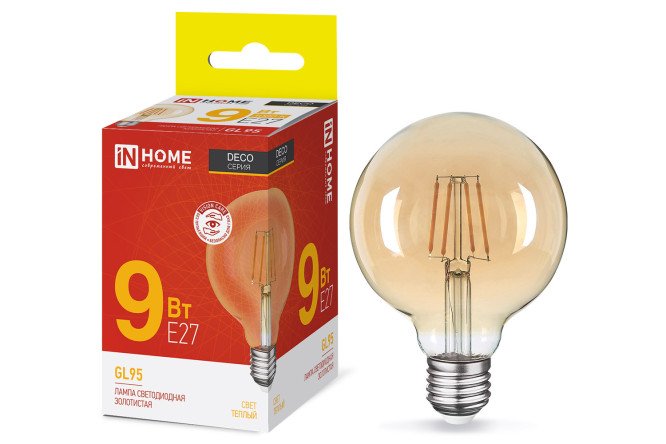 Изображение товара Лампа светодиодная IN HOME Deco LED-GL-95-deco gold E27, 9W, Шар, 3000 К, Тёплый
